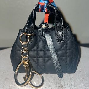 Black Quilted Women's Top-Handle Bag Gold Hardware Keychain Bagcharm